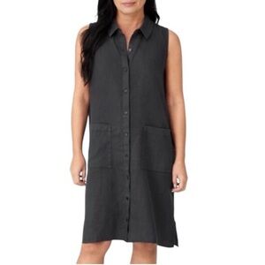 Eileen Fisher Garment-Dyed Organic Linen Collared Dress Black Large